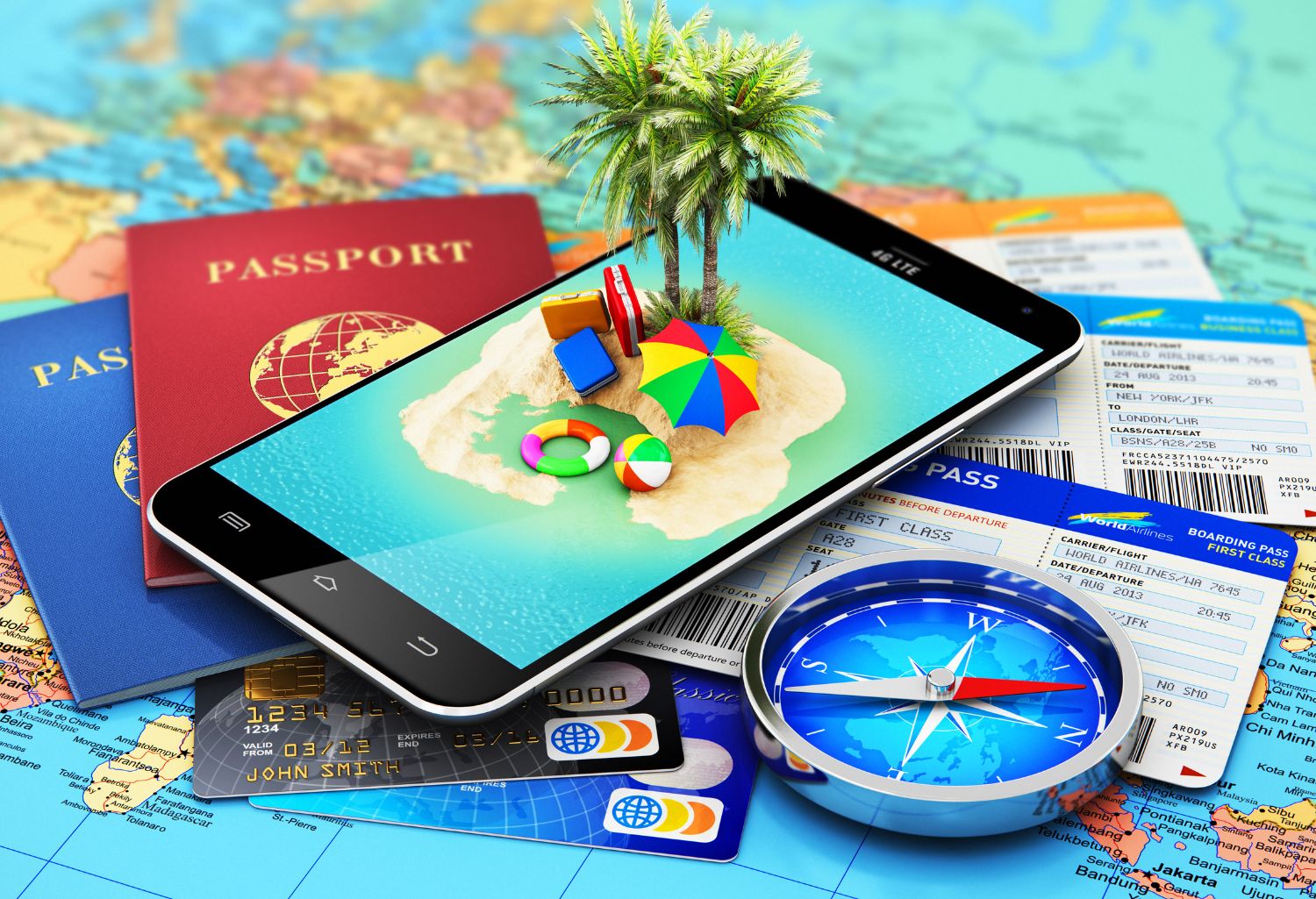 Creative abstract travel, tourism, summer holidays and vacations concept: 3D render illustration of modern black glossy touchscreen smartphone with tropical island and palm tree, international biometric passports, air tickets or boarding pass, magnetic co. Tourism and Hospitality